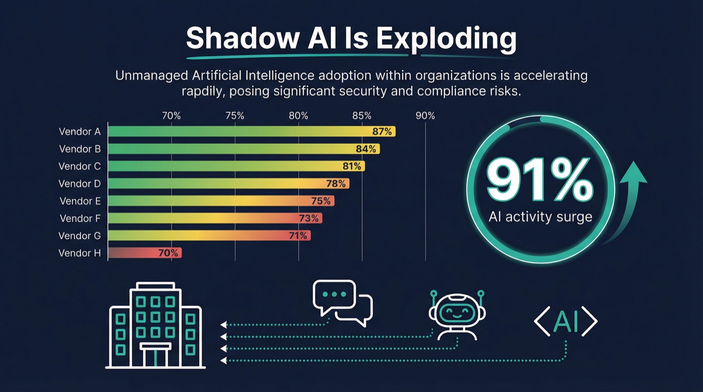 Shadow AI vendor scorecard infographic showing 8 SASE vendors scored across discovery, inspection, and control capabilities